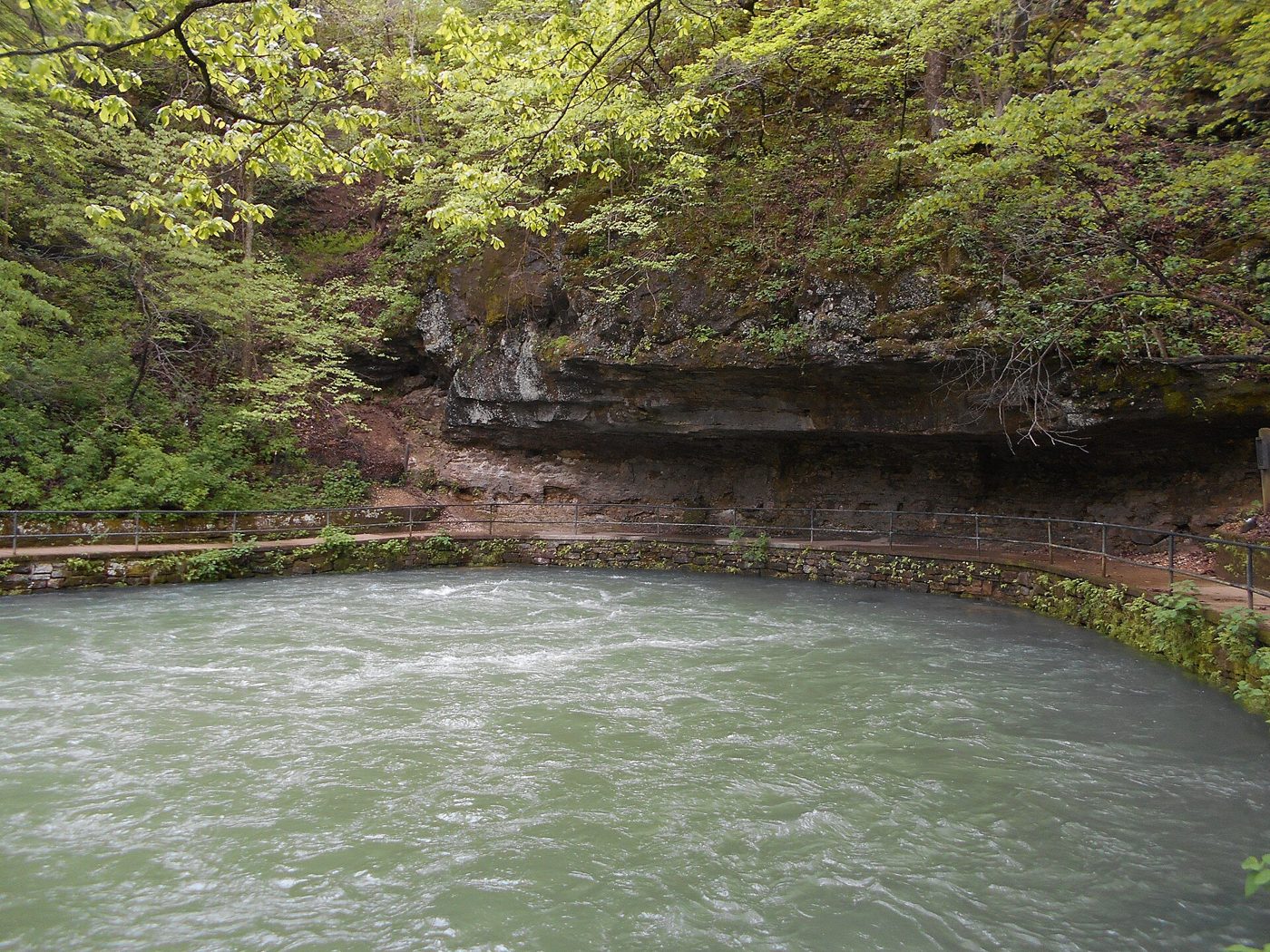 A round pool of turquoise water at the base of a mossy limestone bluff, surrounded by green trees