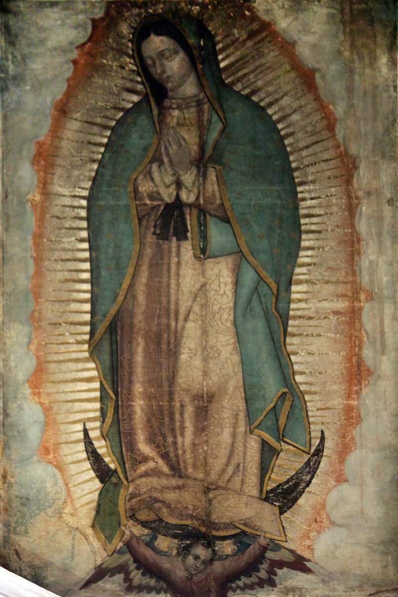 The image of Our Lady of Guadalupe: a dark-haired woman in a star-covered blue-green mantle and rose-colored gown, hands folded, surrounded by golden rays, standing on a crescent moon
