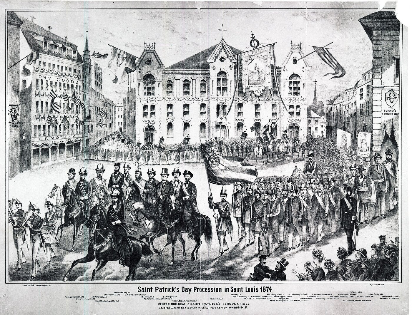 Engraving of a 19th-century St. Patrick's Day procession with marchers on horseback and on foot in front of a brick school and hall, crowds watching from windows and sidewalks
