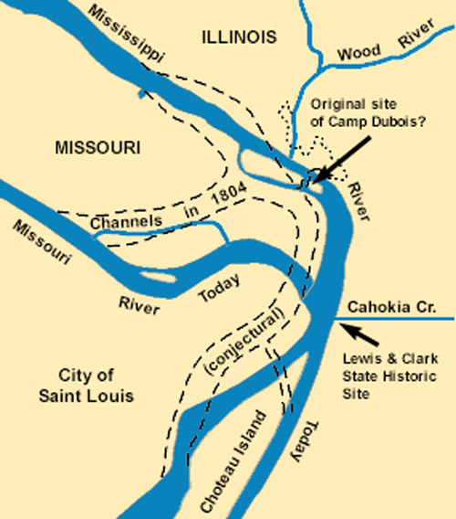 Map comparing the river channels at the confluence in 1804 with the channels of today