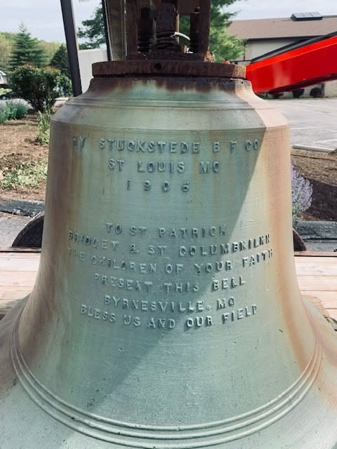 The Saint Columbkille bell, cast in 1905, inscribed to St. Patrick, Bridget and St. Columbkille